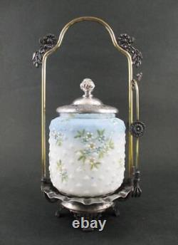 Antique Mt. WASHINGTON Glass /Crown Milano BLUE Floral HOBNAIL Pickle Castor