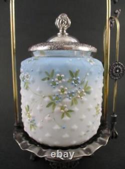 Antique Mt. WASHINGTON Glass /Crown Milano BLUE Floral HOBNAIL Pickle Castor