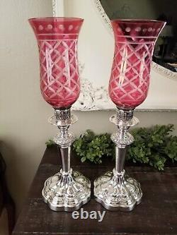 Antique Pair Tall Repousse Silverplate Cranberry Photophores Glass Hurricane Can