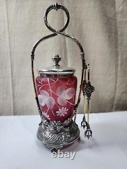 Antique Pickle Castor Silver Plated Pairpoint, Coin Dot Leaves Glass Jar