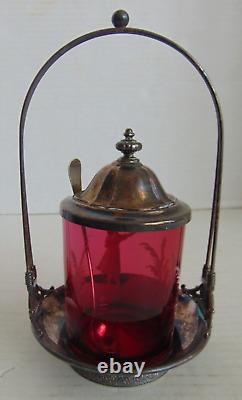 Antique Quadruple Plate Enameled Cranberry Decorative Glass Jelly Jar Castor