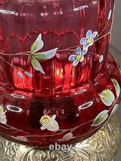 Antique Quadruple Plate Hand Paint Cranberry Glass Pickle Jar Castor 4093