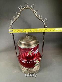 Antique Quadruple Plate Hand Paint Cranberry Glass Pickle Jar Castor 4093