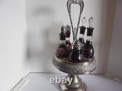 Antique Ruby Red-cut-to-Glass Condiment Set in Silverplate Caddy