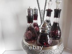 Antique Ruby Red-cut-to-Glass Condiment Set in Silverplate Caddy