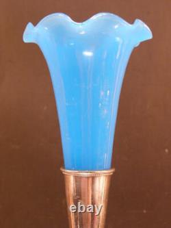 Antique Silver Blue Opaque Glass Epergne Vase Calling Card Holder Fruit Nut Dish