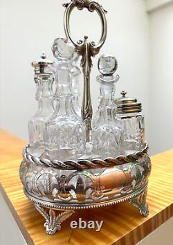 Antique Silverplate Cruet Set 1800's Ornate and Clean w 6 piece condiment set