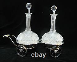 Antique Silverplate SPIRITS Rolling Cart with2 Crystal Cut Glass DECANTERS