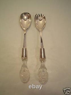 Antique Silverplate Salad Set With American Brilliant Period Cut Glass Handles