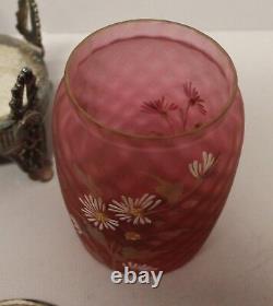Antique Victorian Art Glass Cranberry Satin Enameled Pickle Castor