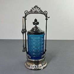 Antique Victorian Blue Glass Pickle Castor Forbes Silver Co. Frame & Tongs