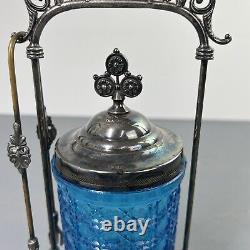 Antique Victorian Blue Glass Pickle Castor Forbes Silver Co. Frame & Tongs