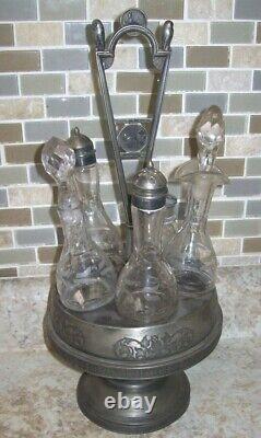 Antique Victorian Castor / Cruet Set with 5 Bottles Little Owls on Each End Glass