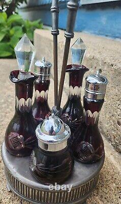 Antique Victorian Cruet Condiment Castor Set Ruby Red Etched Glass/Silver Stand