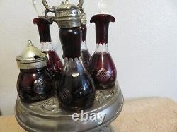 Antique Victorian Cruet Condiment Castor Set Ruby Red Etched Glass, Very Nice