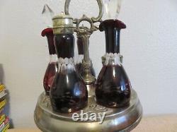 Antique Victorian Cruet Condiment Castor Set Ruby Red Etched Glass, Very Nice