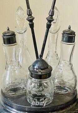 Antique Victorian Silver Plated Etched Glass Spinning Cruet Castor Set 15.5H
