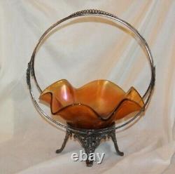 Antique Victorian Silverplate Brides Basket w Carnival Glass Insert J W Tufts