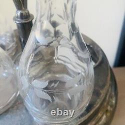 Antique Victorian Spinning Cruet Castor Set Silver Plated Etched Glass 15.5H