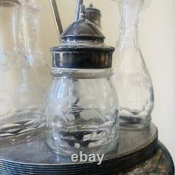 Antique Victorian Spinning Cruet Castor Set Silver Plated Etched Glass 15.5H