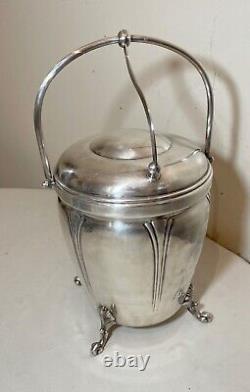 Antique ornate hinged lidded mechanical silver-plate glass lined ice bucket