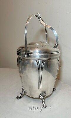 Antique ornate hinged lidded mechanical silver-plate glass lined ice bucket