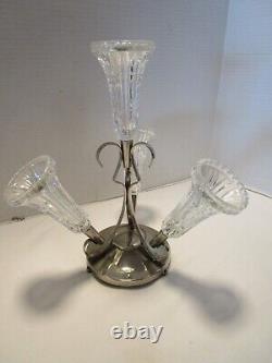 Art Nouveau English Silverplate Epergne 4 crystal glass Vase Centerpiece 1900's