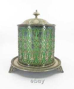 Beautiful Biscuit Jar of Reticulated Silverplate and Green Depression Glass
