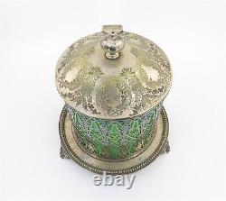 Beautiful Biscuit Jar of Reticulated Silverplate and Green Depression Glass