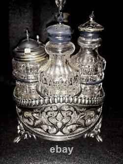 Beautiful Ornate Antique Silver Plated 5 Bottle Clear Glass Cruet Set