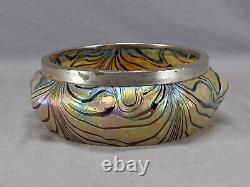 Bohemian Kralik Burgundy Swirl on Gold & Silver Plate Art Nouveau Glass Bowl