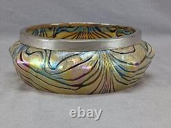 Bohemian Kralik Burgundy Swirl on Gold & Silver Plate Art Nouveau Glass Bowl