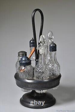 C. 3Q 1800s GOTHIC by Union Glass CLEAR withMERIDEN 2040 FRAME 6 Bottle Caster Set