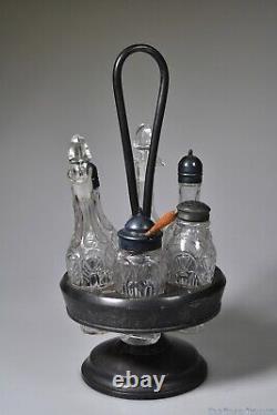 C. 3Q 1800s GOTHIC by Union Glass CLEAR withMERIDEN 2040 FRAME 6 Bottle Caster Set