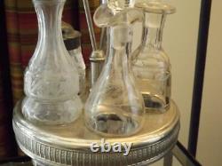 Castor Cruet Condiment Set Stand 5 Etched Glass Bottles 6 Pieces Meriden