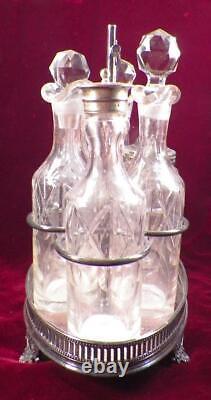 Castor Set Silverplate Basket Glass 3 Cruets Salt Pepper Mustard Pot Antique