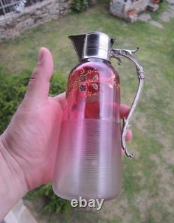Claret Jug Ruby Red Glass Threaded Silver Plate Mount Art Nouveau c. 1890
