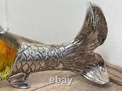 Collectible Victorian Style Silver Plate Amber Glass Fish Drinks Decanter