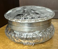 Crystal Cut Etched Glass Hinged Silver Plate Rim Dresser/Powder Box Vintage