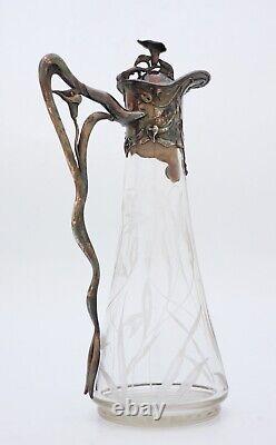 Decanter Art Nouveau Glass & Metal Probably Germany WMF Etched Flowers