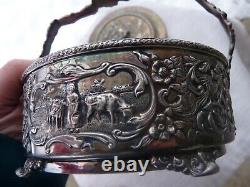 Dutch Repousse HANDLED Silver Plate CANDY DISH BASKET with Lid & GLASS INSERT