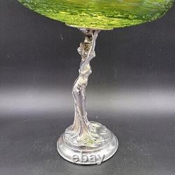 E. G. Webster & Son Silver Art Nouveau Loetz-Type Green Carnival Glass Compote