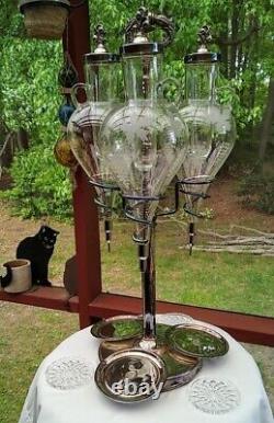 Early 20th Century Silver-plate Blown Glass Triple Wine Dispenser with Aerator