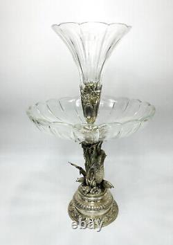 European Cut Glass and Silverplate Two Tier Dolphin Formed Garniture, c1920