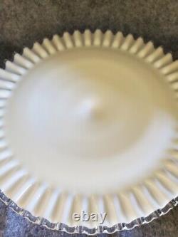Fenton White Milk Glass Pedestal Silver Crest Ruffled 13 Cake Plate Stand