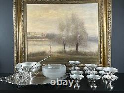 Grape Accent Sheffield Silver Plate and Satin Glass Iced Dessert Set