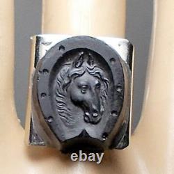 Horse Lucky Horseshoe RING Big 1910 Amber Glass Equestrian Ring Silver Plate Adj