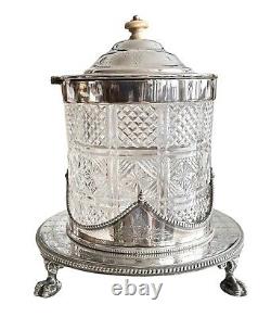 Hukin and Heath Biscuit Box Jar cut glass and silverplate