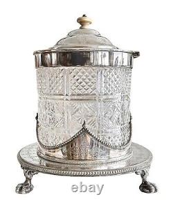 Hukin and Heath Biscuit Box Jar cut glass and silverplate