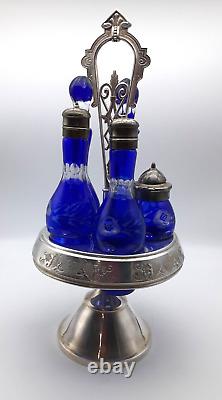 Meriden Silver Plate Cobalt Blue Glass Condiment Cruet Lazy Susan Set 16 Vtg